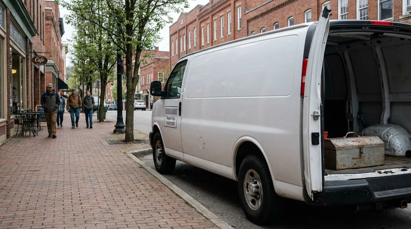 white work van parked curbside with open rear doors and toolbox