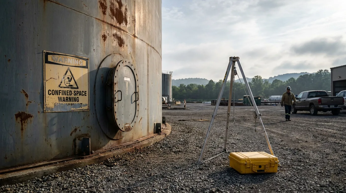 Confined-space warning sign on industrial tank beside rescue tripod equipment