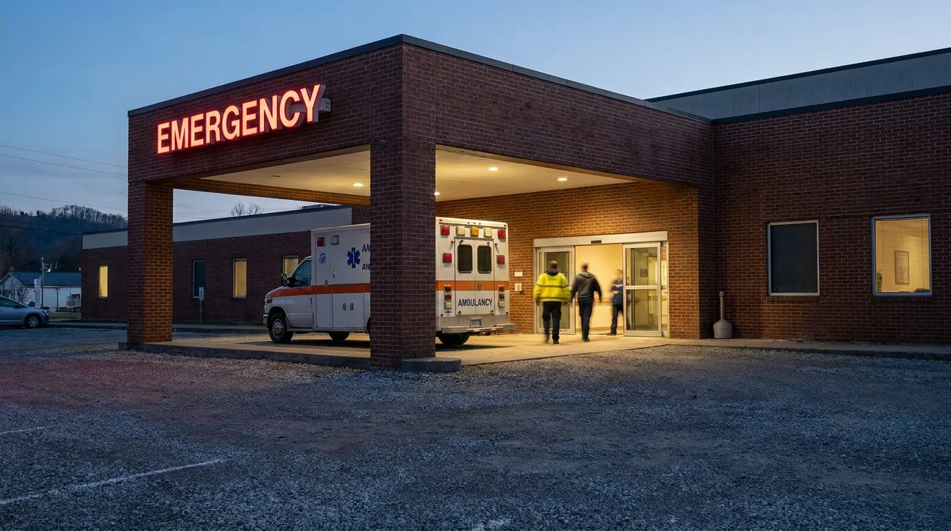 ambulance parked outside hospital Emergency entrance with responders entering doors