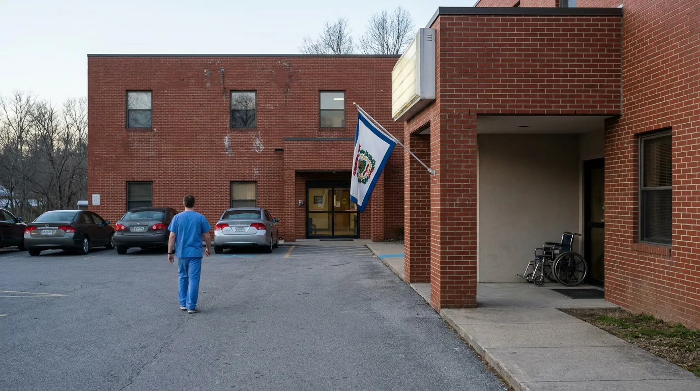 Medical worker in scrubs walking toward brick facility entrance with wheelchair nearby