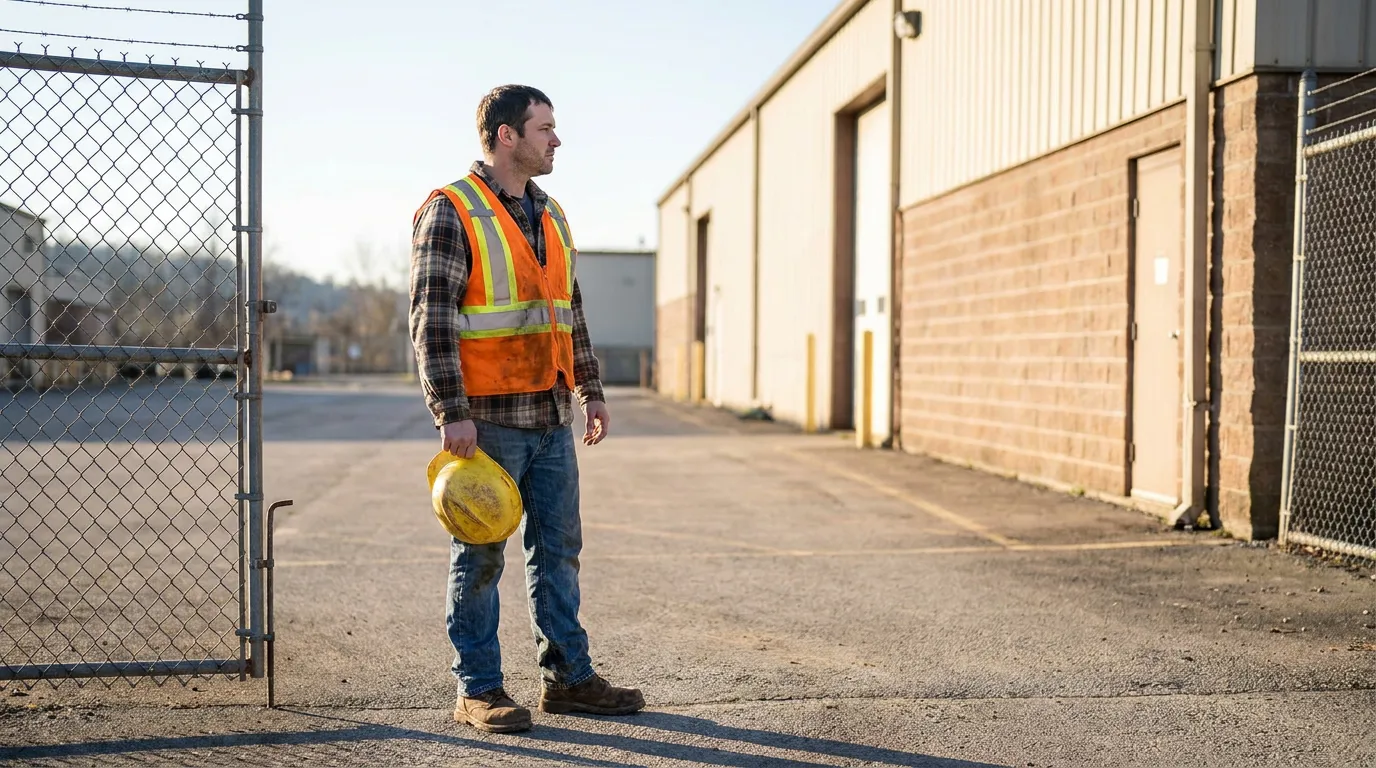 construction worker in safety vest holding hard hat outside warehouse gate