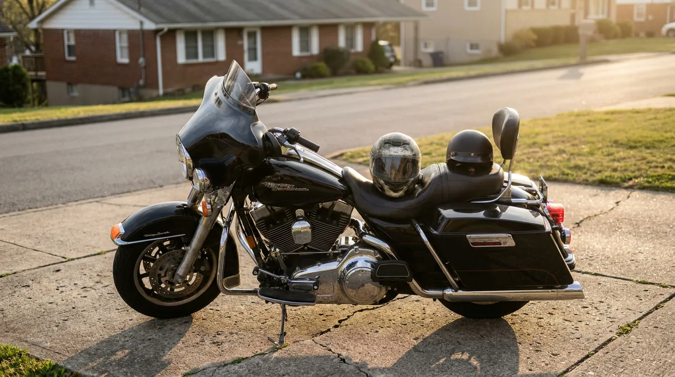 Harley-Davidson touring motorcycle parked on driveway with two helmets resting on seat
