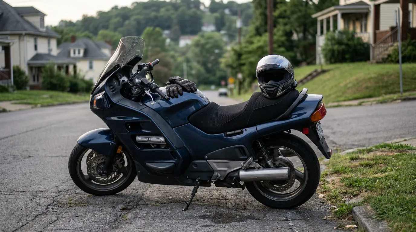 parked touring motorcycle with helmet and gloves resting on seat, relevant to motorcycle accident injury claims