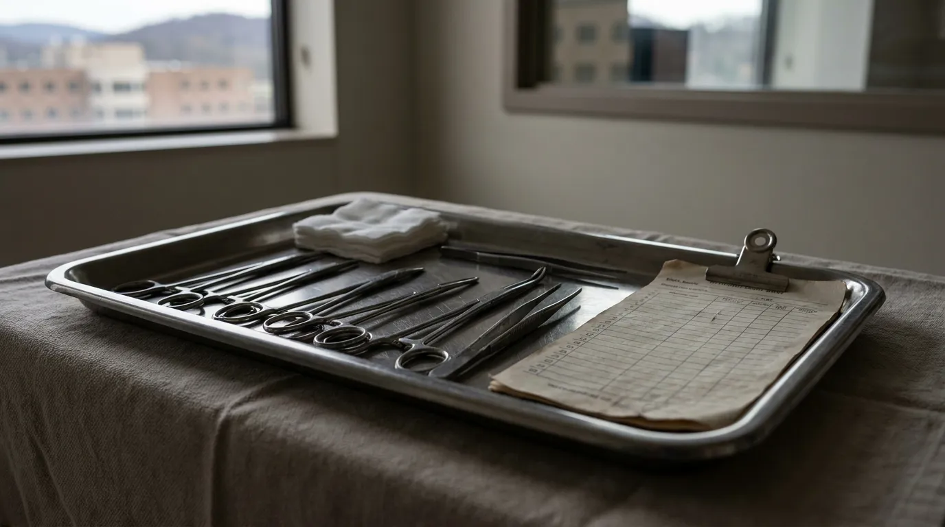 surgical instruments scissors forceps and medical form on steel tray
