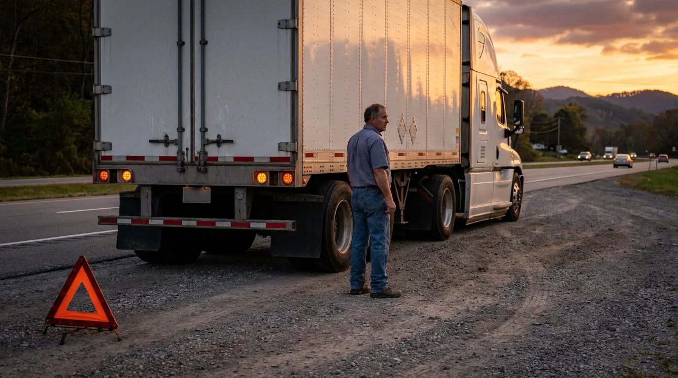 Truck driver standing beside semi-truck with warning triangle on roadside shoulder
