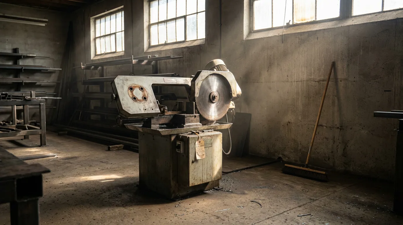 Industrial circular saw machine in metal workshop with steel rods and broom